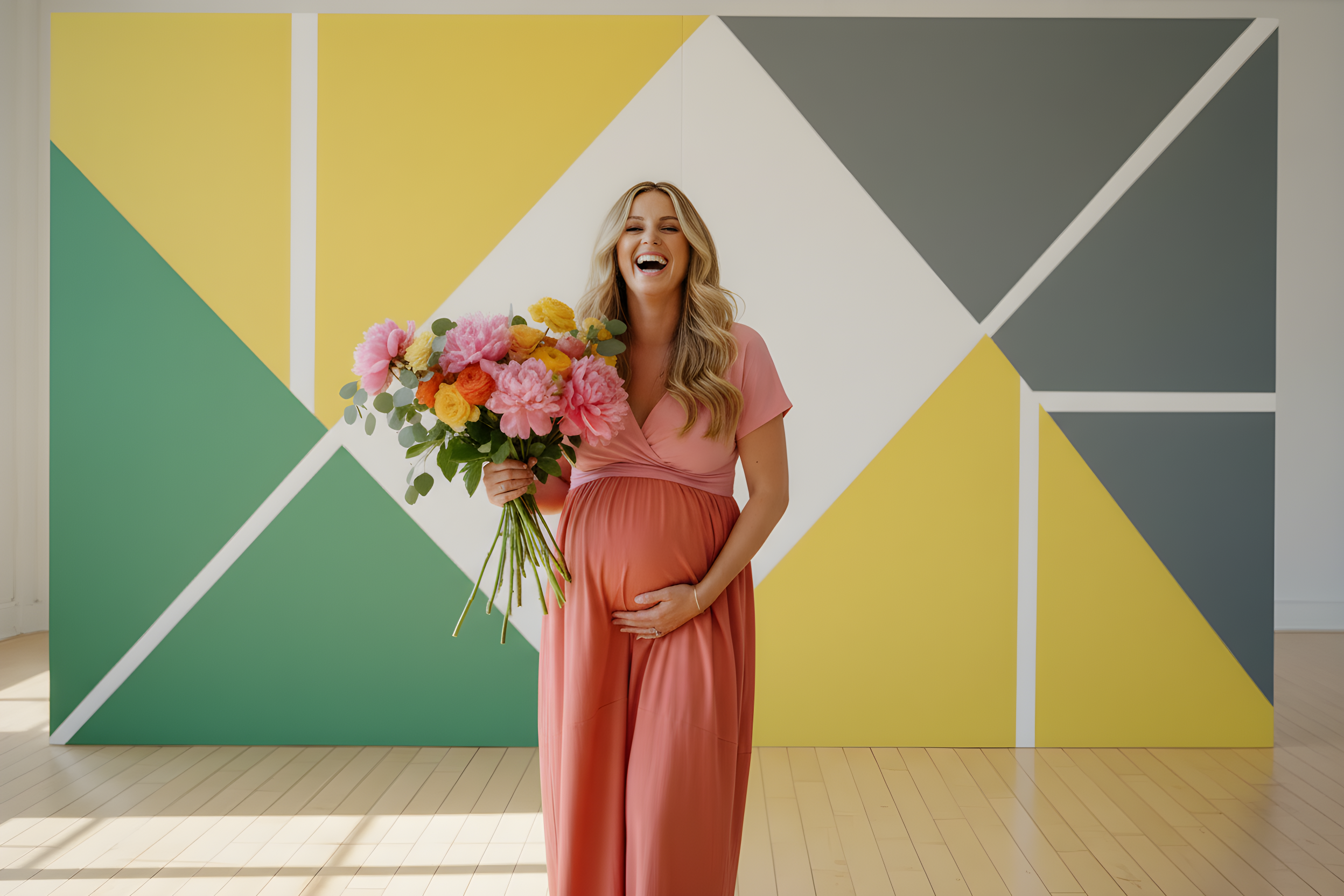 A pregnant woman wearing a coral pink maternity maxi dress stands in a bright studio, holding a large bouquet of pink and orange flowers. She is positioned in front of a large geometric wall mural with green, yellow, white, and gray panels, and light wood flooring is visible.