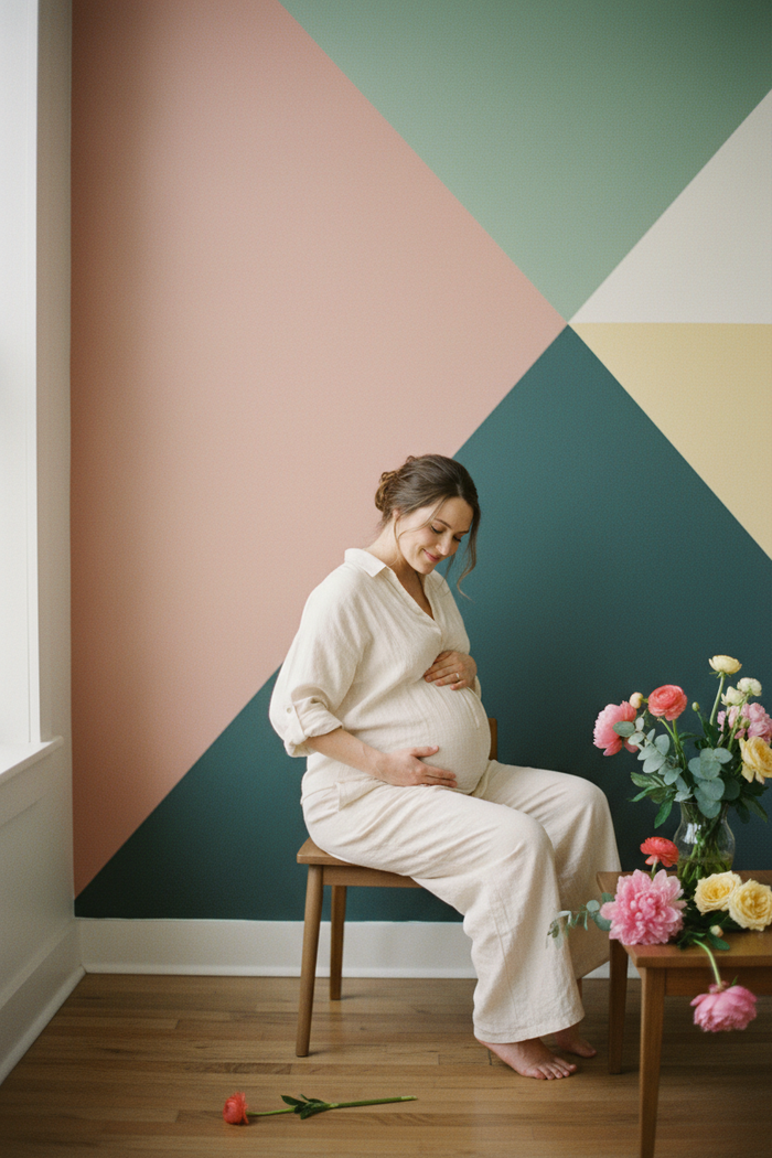 Woman in late pregnancy sitting on a low stool, eyes closed, both hands cradling her bump