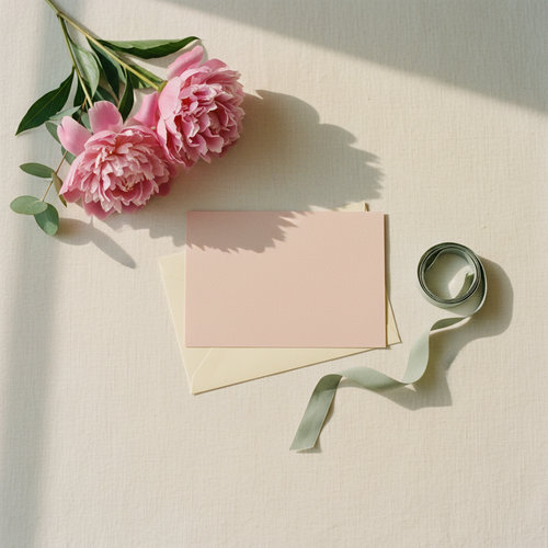 A blush pink card with a sage ribbon on linen, beside peonies and eucalyptus