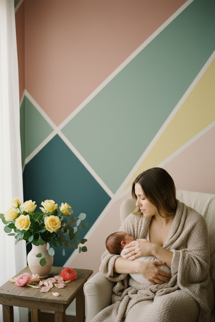 Mother wrapped in a knit blanket in morning light, cradling a swaddled newborn turned away from camera