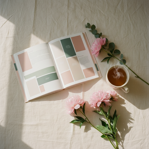 Open printed guide on a linen surface beside peonies, eucalyptus and a mug of tea