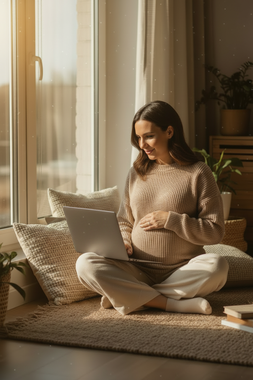 A pregnant woman sits cross-legged on a rug in a sunlit room, using a laptop on her lap. She is wearing a beige ribbed sweater and cream pants, surrounded by pillows and plants.