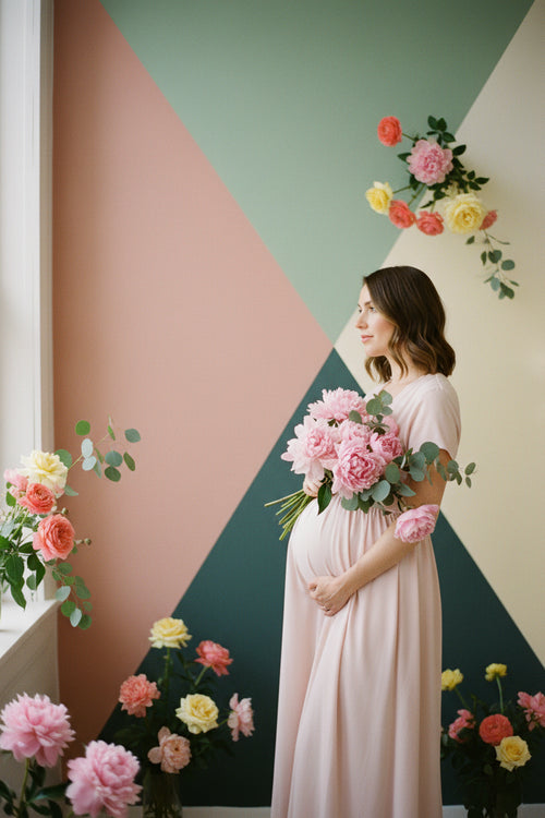 A pregnant woman in a light pink dress stands in profile holding a bouquet of pink flowers, set against a geometric wall with pink, green, and cream sections and additional floral arrangements.
