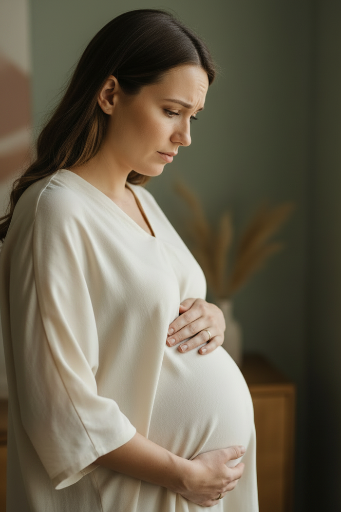 Pregnant woman looking uncertain and deep in thought