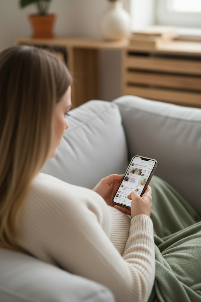 Pregnant woman scrolling a social media feed on her phone