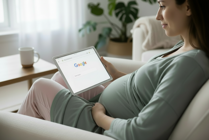 Pregnant woman scrolling on a tablet, searching for answers